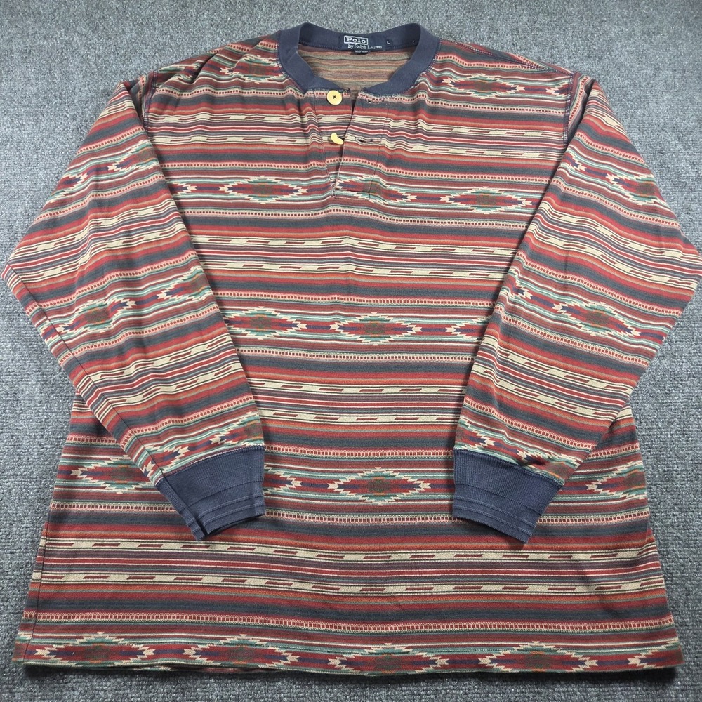 Vintage 90s Polo Ralph Lauren Henley Shirt Mens L Aztec Western Made in USA